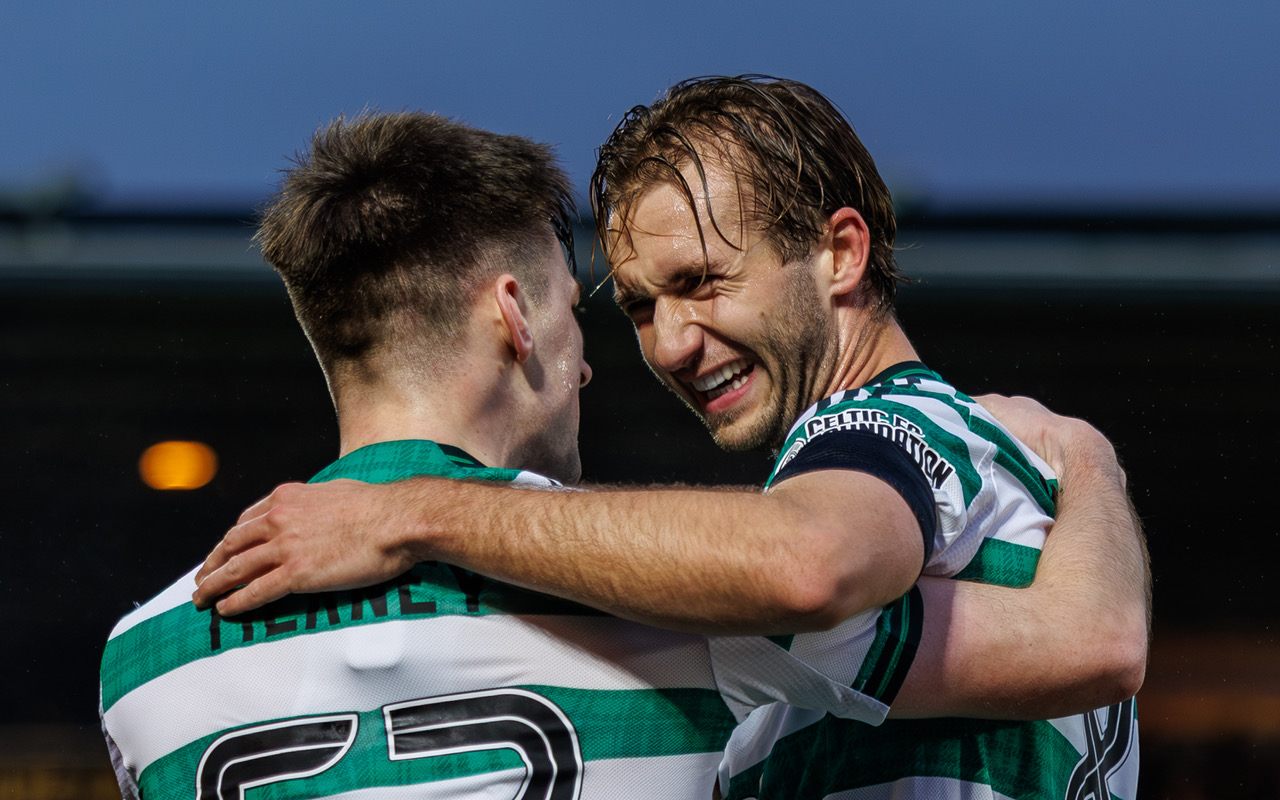 Benjamin Nygren and Kieran Tierney of Celtic celebrate