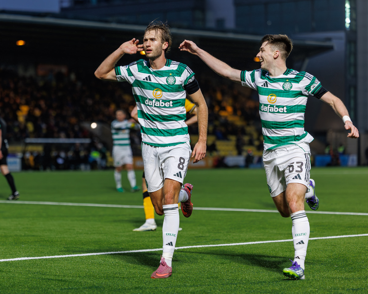 Benjamin Nygren and Kieran Tierney of Celtic celebrate