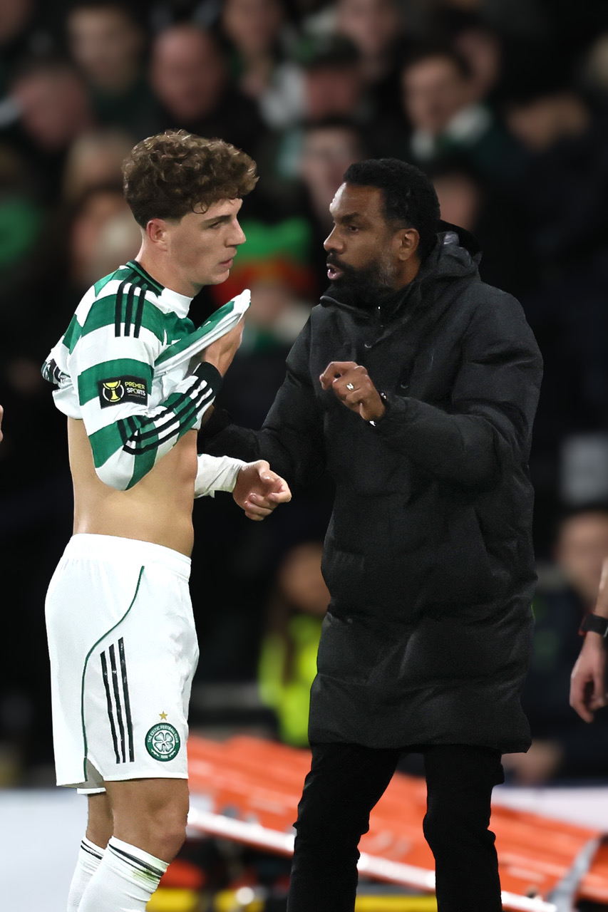 Arne Engels listens to Celtic manager Wilfried Nancy. Premier Sports Cup Final. St Mirren v Celtic. 14 December 2025. Photo AJ (The Celtic Star)