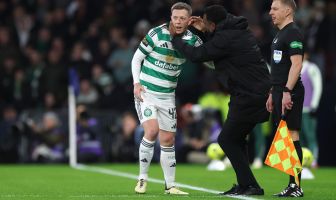 Callum McGregor of Celtic receives instructions from Wilfried Nancy