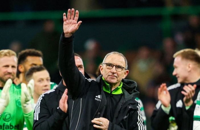 Martin O'Neill salutes the travelling Celtic support.