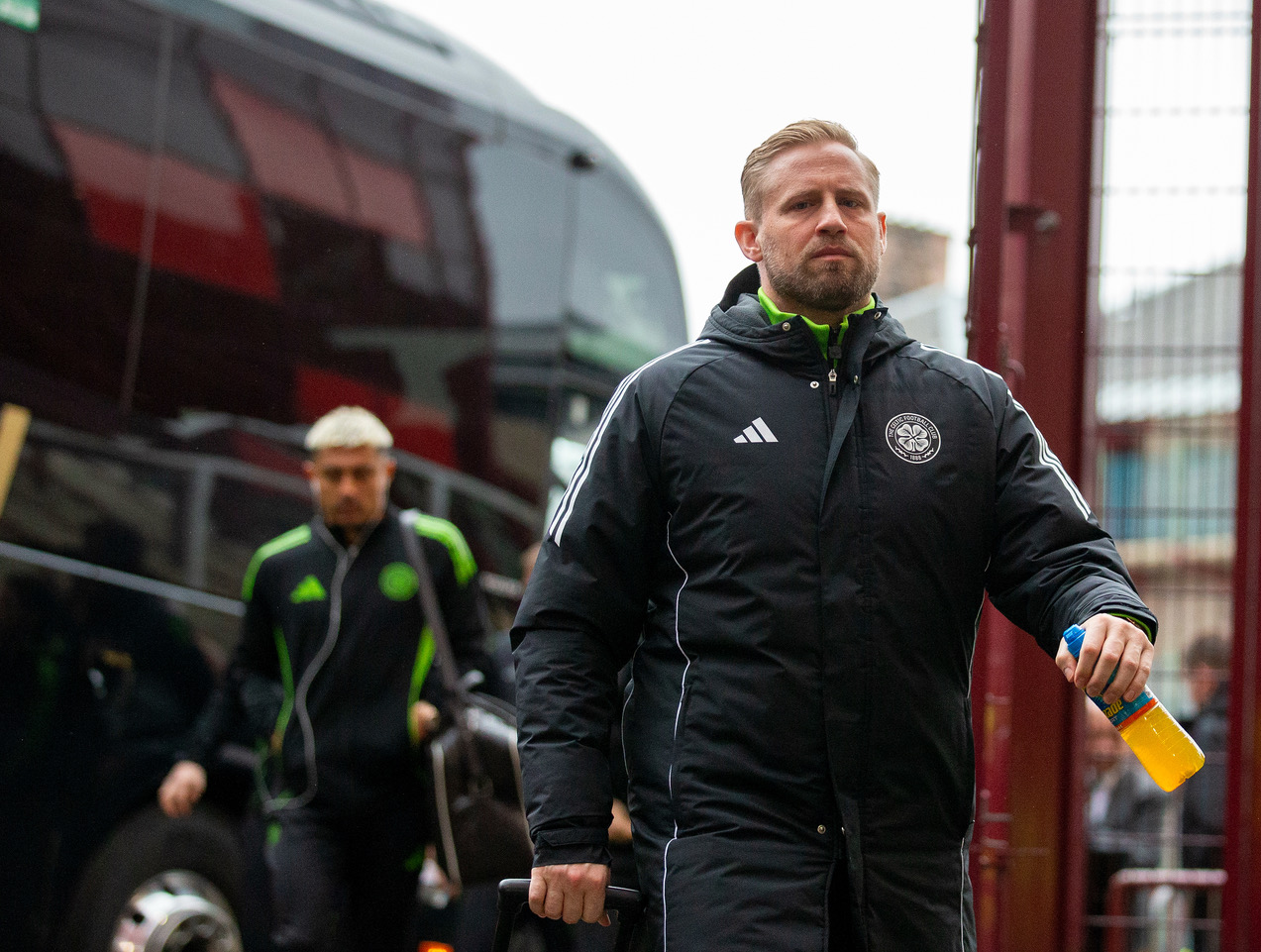 Kasper Schmeichel arrives at Tynecastle. 