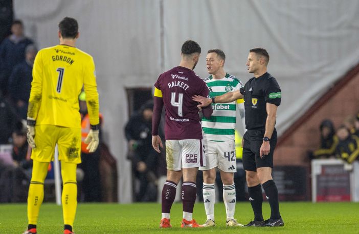 Callum McGregor gets booked by Steven McLean