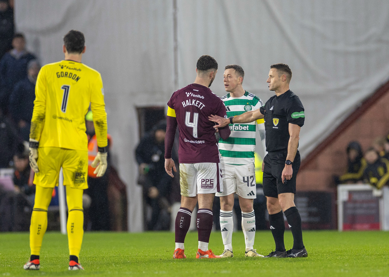 Callum McGregor gets booked by Steven McLean