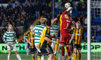 Auchinleck Talbot's goalkeeper William Muir punches the ball clear