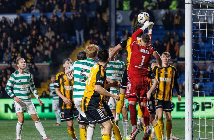 Auchinleck Talbot's goalkeeper William Muir punches the ball clear