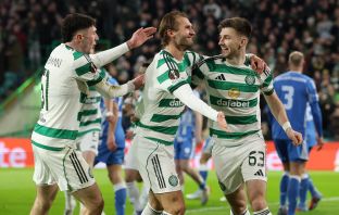 Benjamin Nygren of Celtic celebrates with Kieran Tierney
