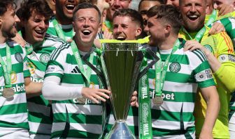 Callum McGregor and James Forrest of Celtic lift the League trophy