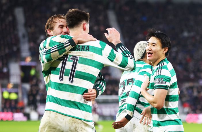 Tomas Cvancara, Benjamin Nygren and Hyunjun Yang of Celtic celebrate