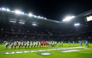 Celtic and Utrecht players shake hands before kick off.