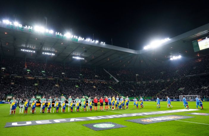 Celtic and Utrecht players shake hands before kick off.