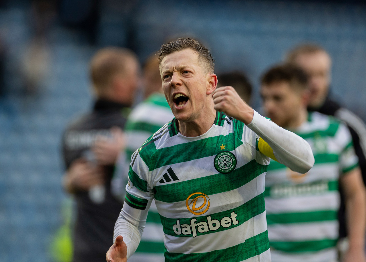 Callum McGregor celebrates at Rugby Park.