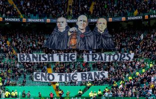 'Banish The Traitors - End the Bans banner in the crowd Celtic v Falkirk, Scottish Premiership, Celtic Park
