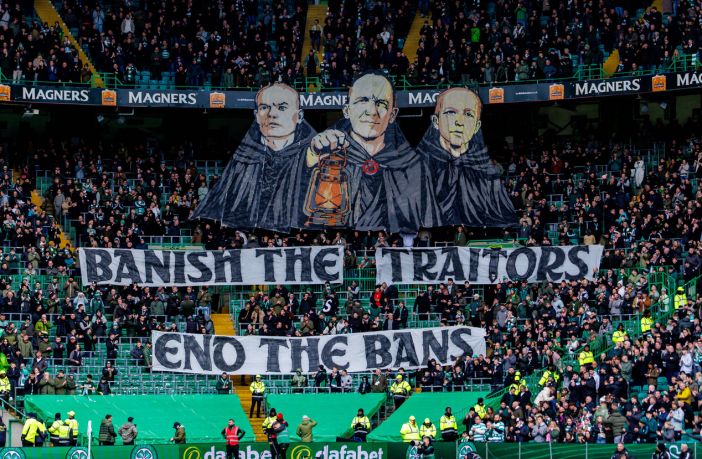 'Banish The Traitors - End the Bans banner in the crowd Celtic v Falkirk, Scottish Premiership, Celtic Park