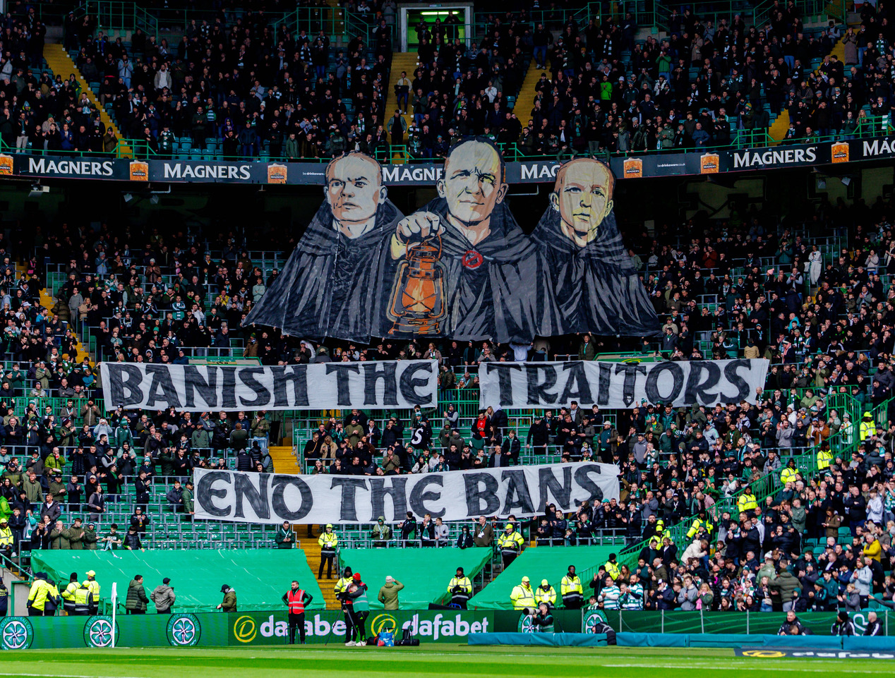 'Banish The Traitors - End the Bans banner in the crowd Celtic v Falkirk, Scottish Premiership, Celtic Park