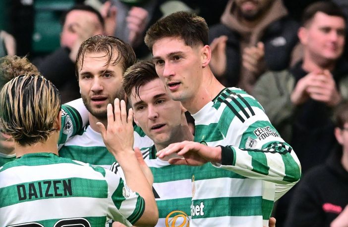 Tomas Cvancara of Celtic celebrates with Kieran Tierney