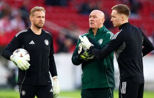 Kasper Schmeichel, Stevie Woods and Viljami Sinisalo of Celtic
