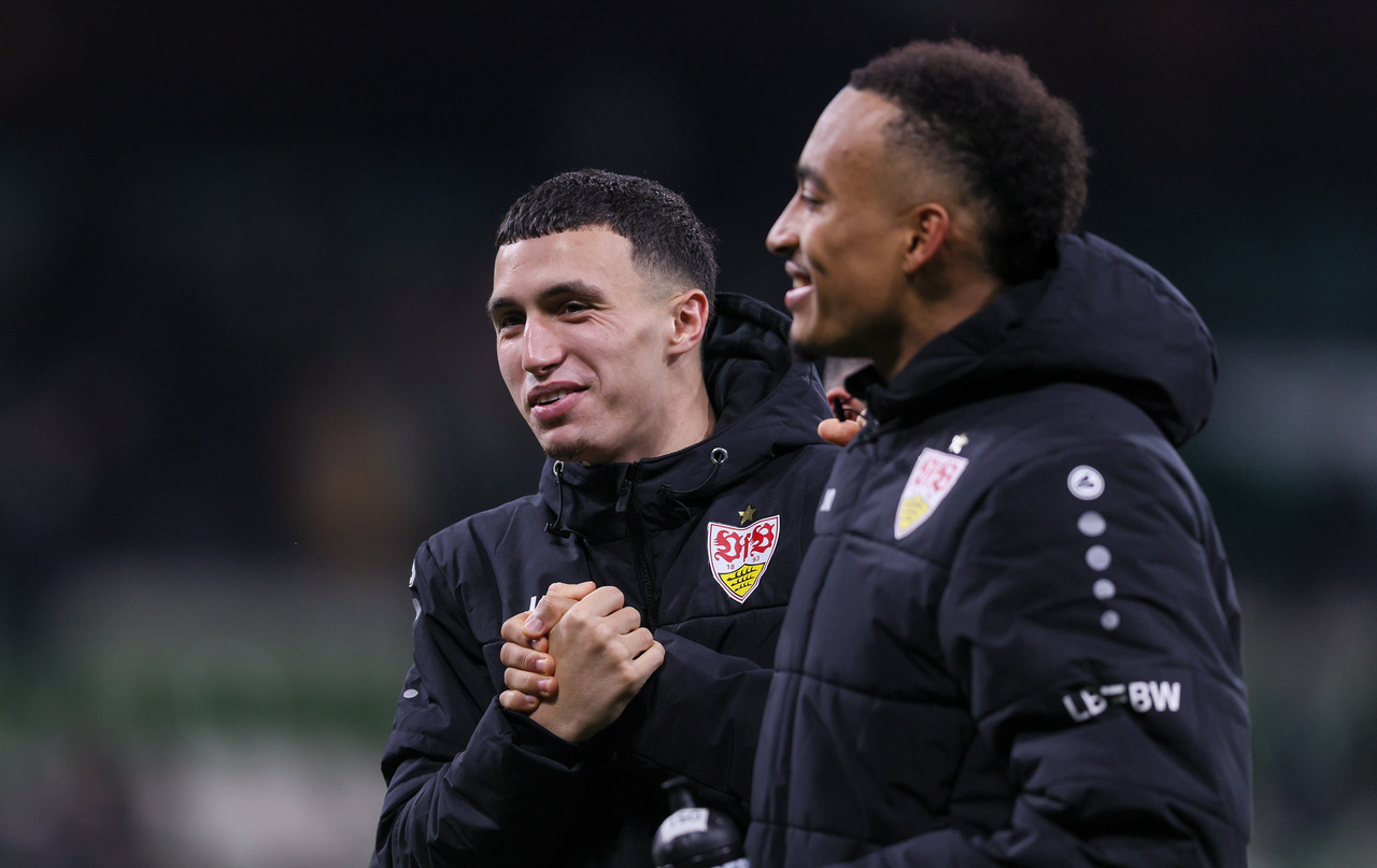 Bilal El Khannouss and Jamie Leweling of Stuttgart 