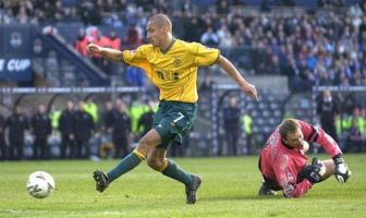 Henrik Larsson scores as Celtic win the League Cup Final in 2001.