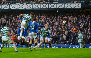 Kieran Tierney scoring at Ibrox.