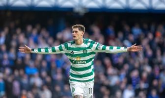 Tomas Cvancara celebrates scoring the penalty that takes Celtic into the semi-finals