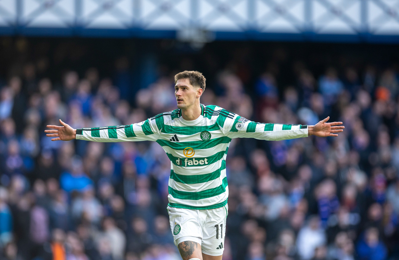 Tomas Cvancara celebrates scoring the penalty that takes Celtic into the semi-finals
