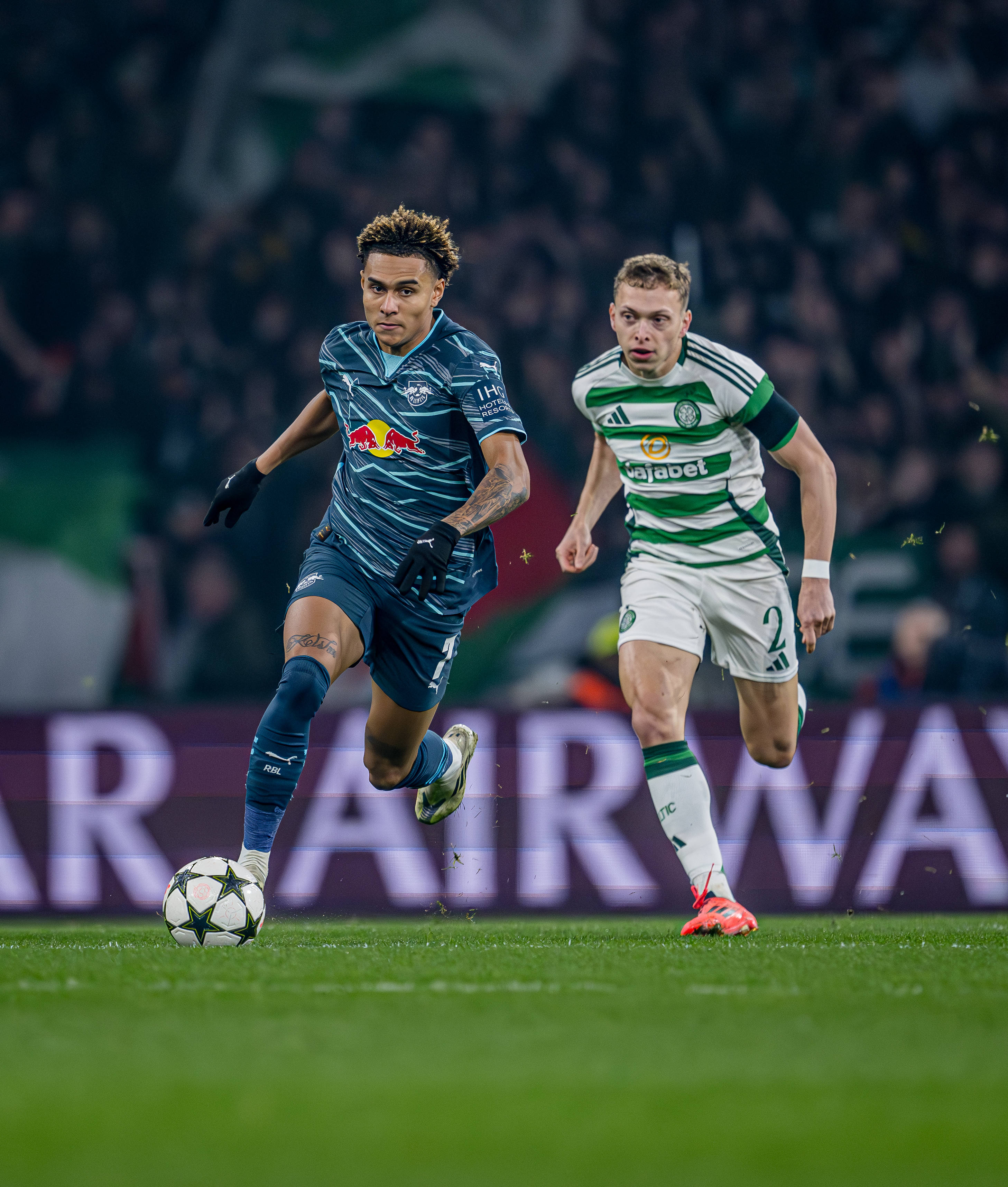 RB Leipzig's Antonio Nusa against Celtic's Alistair Johnston
