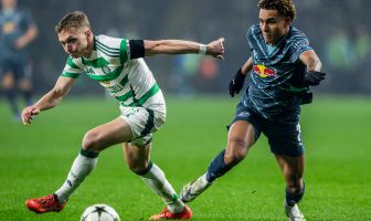 RB Leipzig's Antonio Nusa against Celtic's Alistair Johnston