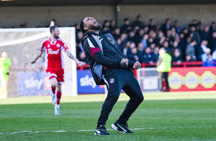 Crawley Town head coach Colin Kazim-Richards celebrates