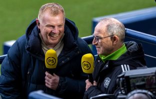 Neil Lennon jokes with Martin O'Neill after Celtic's 6-2 Scottish Cup semi-final win against St Miren at Hampden.