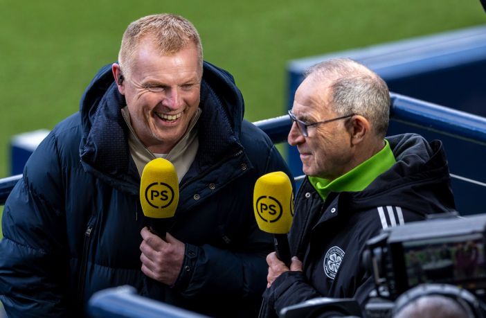 Neil Lennon jokes with Martin O'Neill after Celtic's 6-2 Scottish Cup semi-final win against St Miren at Hampden.
