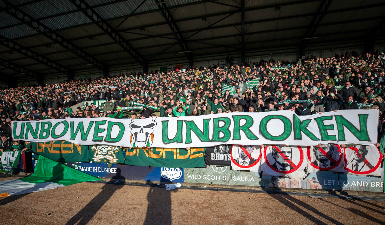 Unbowed. Unbroken - The Celtic support at Dens Park.