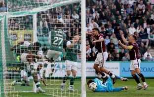 Warren O'Hora of Hibernian scores an own goal