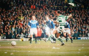 Paulo Di Canio scores against Rangers at Celtic Park on 6 March 1997