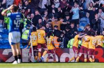 Motherwell celebrate scoring a late winner at Ibrox