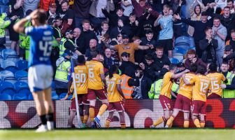 Motherwell celebrate scoring a late winner at Ibrox