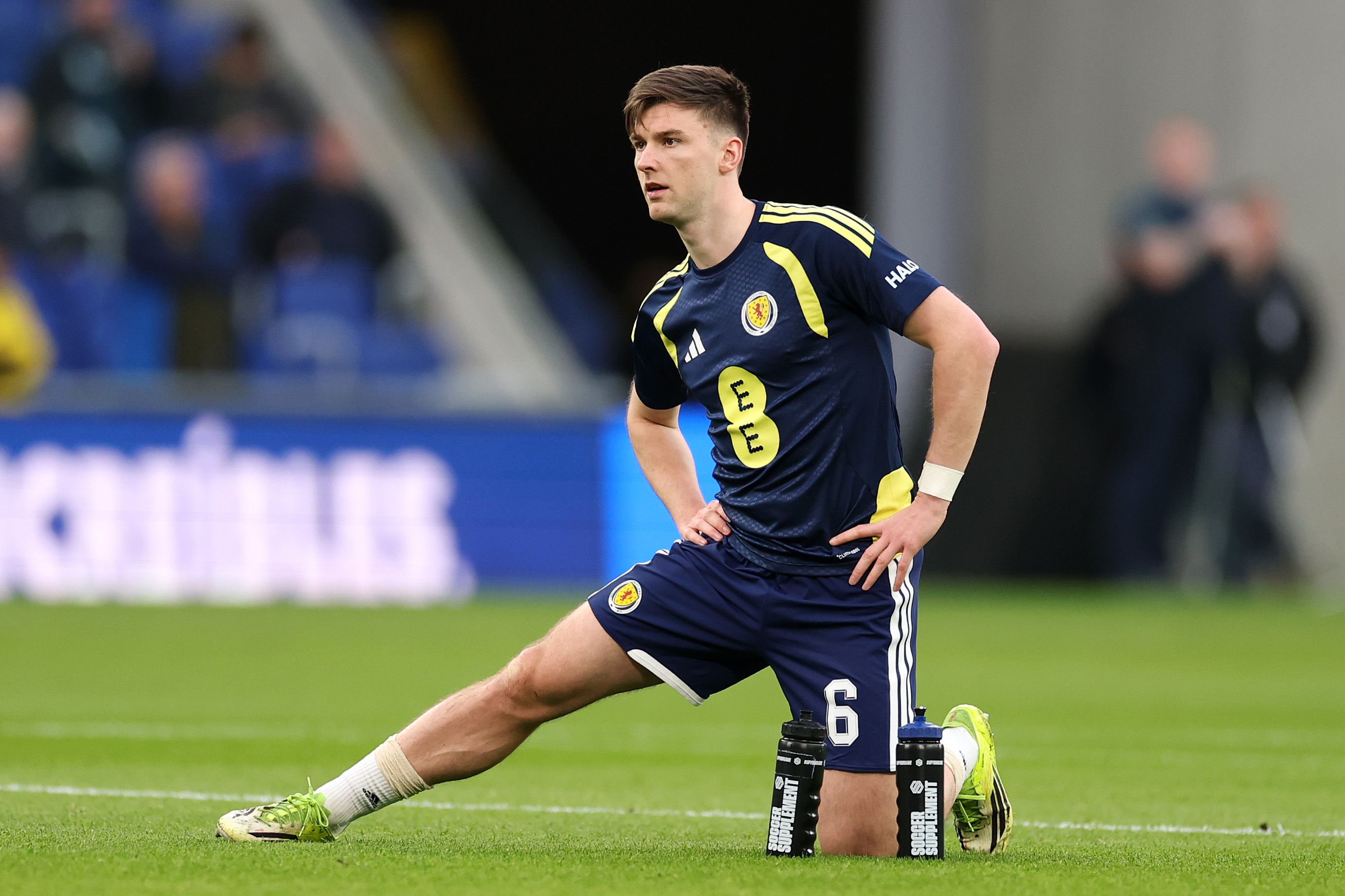 Kieran Tierney of Scotland warms up prior to an international friendly 
