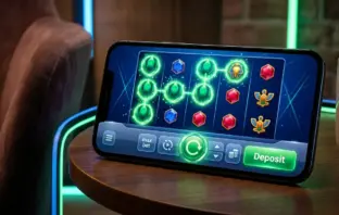 Modern online casino gaming interface with colorful slots and deposit button on digital screen