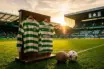 Celtic FC historic moments with green and white hooped jerseys and vintage football at Celtic Park