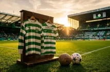 Celtic FC historic moments with green and white hooped jerseys and vintage football at Celtic Park
