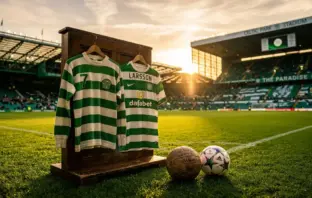 Celtic FC historic moments with green and white hooped jerseys and vintage football at Celtic Park
