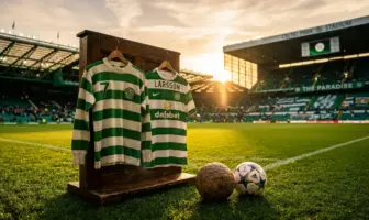Celtic FC historic moments with green and white hooped jerseys and vintage football at Celtic Park