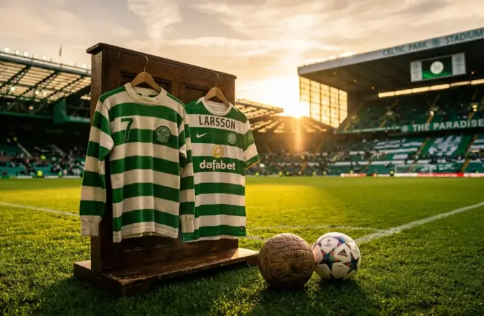 Celtic FC historic moments with green and white hooped jerseys and vintage football at Celtic Park