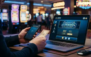 Modern online casino platform interface with digital deposit and wallet features on laptop and mobile device