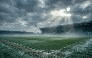 Celtic Park stadium on a cold winter day with moody atmospheric lighting and training pitch