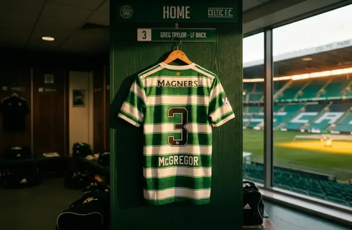 Celtic FC jersey in iconic green hoops hanging in stadium dressing room with natural lighting