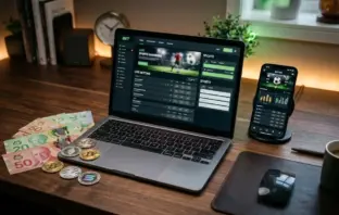 Professional betting platforms interface on laptop with Canadian currency and sports betting setup