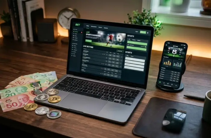 Professional betting platforms interface on laptop with Canadian currency and sports betting setup