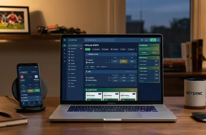 Online betting platform interface showing sports betting odds and live markets on a laptop and mobile device