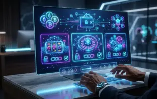 Cryptocurrency casino platform interface with neon UI elements and blockchain security features